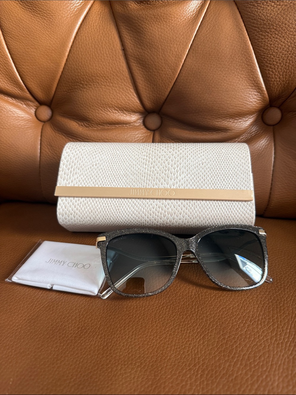 Jimmy Choo Black Glitter Sunglasses with Cream Case